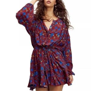 Free People Flower Fields Long Sleeve Burgundy Mini Dress Size Small